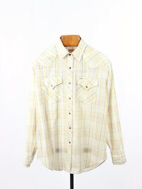Vintage GWG Beige Plaid Poly Cotton Lawn Button Down Western Shirt, Size L